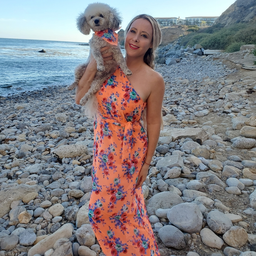 One Shoulder Maxi with matching bandana. Dog Moms